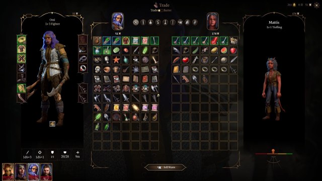 A Baldur's Gate 3 screenshot showing a Half-Orc dealing with a tiefling, ready to sell their wares.