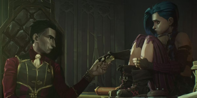 A screenshot from Arcane, showing Jinx sitting across from Silco