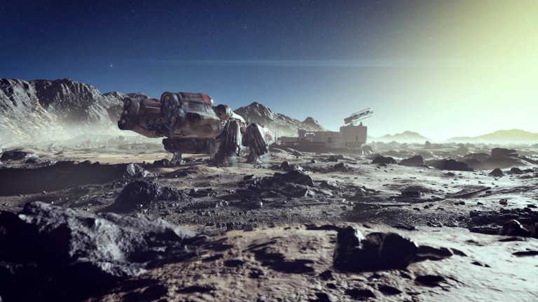 A spacecraft lands on a rocky environment in Starfield.