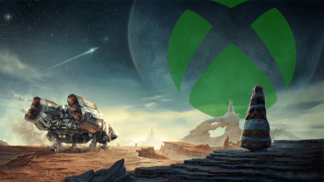 A spaceship prepares to take off from the surface of an alien planet. The green Xbox logo hangs in the sky above it.