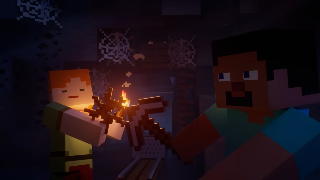 Minecraft Alex and Steve exploring a mineshaft together.