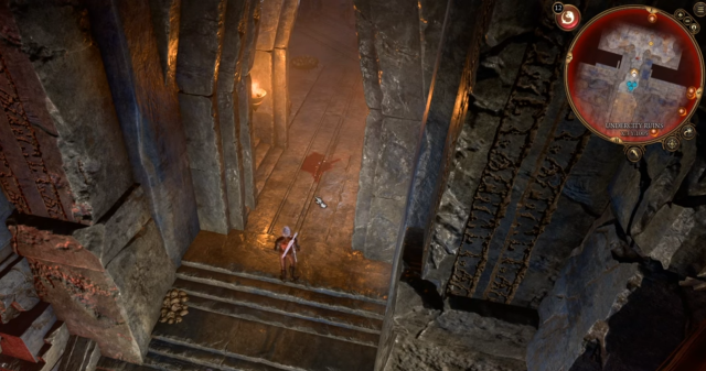 Image of an adventurer in Baldur's Gate standing in front of the now opened Stone Doors.