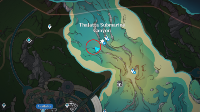A map of the Thalatta Submarine Canyon area with the Swords of the Gorge location circled.