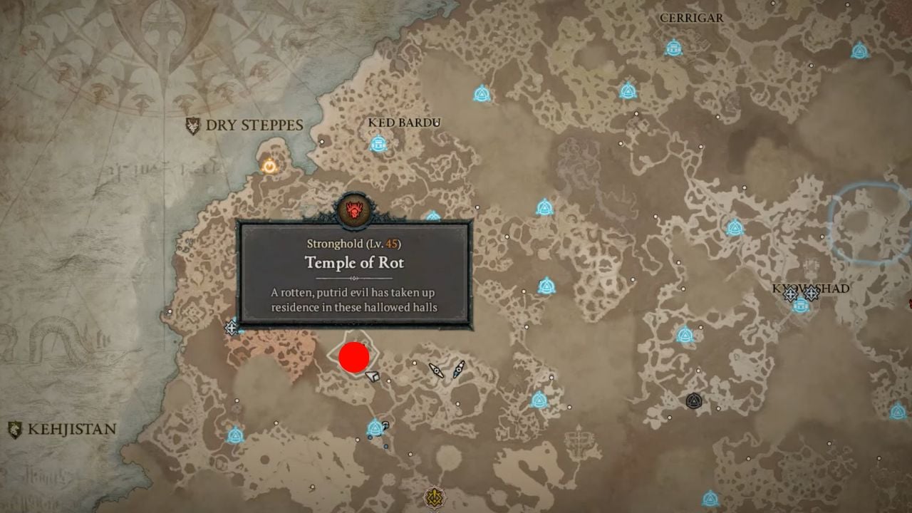 Red dot showing the location of Temple of Rot Diablo 4