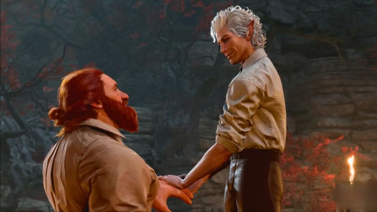 Man with blonde hair holding a fantasy dwarf's hand in BG3