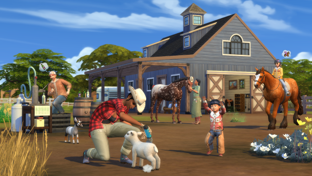 Sims tending to horses, sheep, and goats on a ranch. 