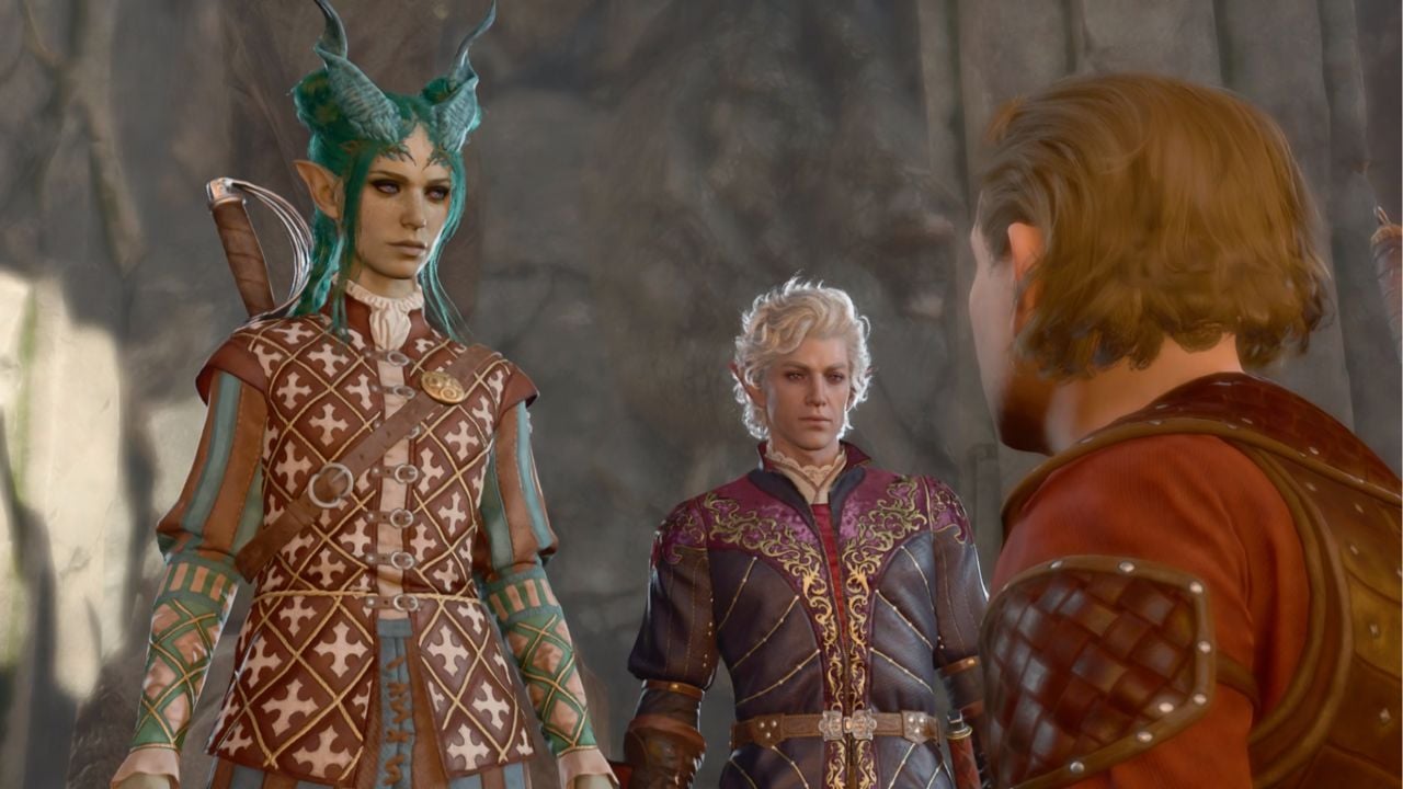 A woman with horns and a man talking to a vendor in BG3.