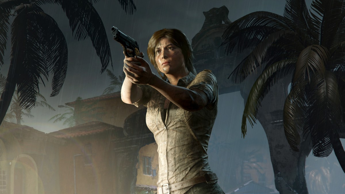 Tomb Raider's Lara Croft preparing to fire a pistol.