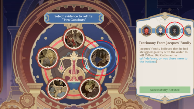 The court minigame for the Two Gunshots evidence.