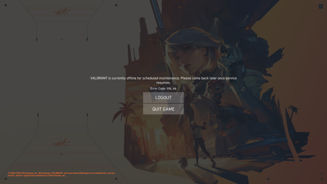 Error code 46 page in VALORANT; game is offline due to scheduled maintenance.