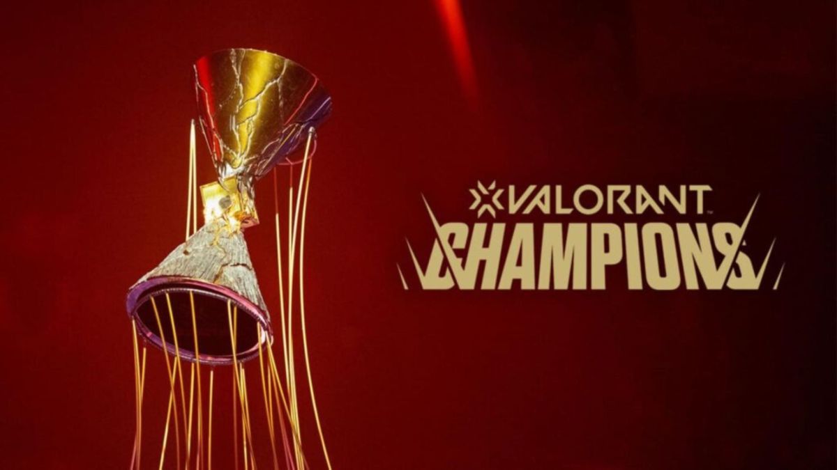 VALORANT Champions graphic featuring the event trophy on a red background