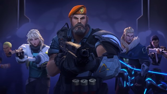 Five VALORANT agents emerge through smoke, weapons drawn, ready to fight on VALORANT's newest map Sunset.
