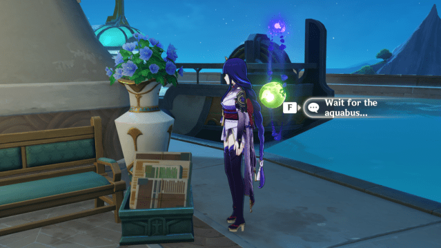 Raiden Shogun looking at a box of newspapers about to select the "Wait for the aquabus..." option.