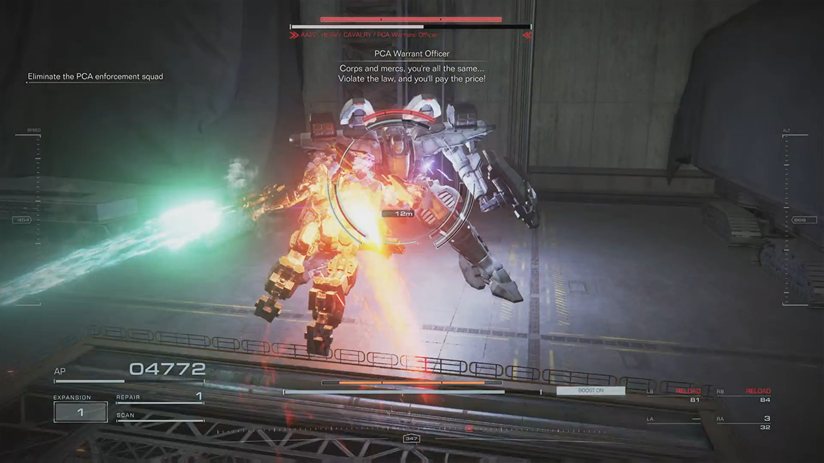 A mech charges forward with a sword made of pure energy in Armored Core 6. 