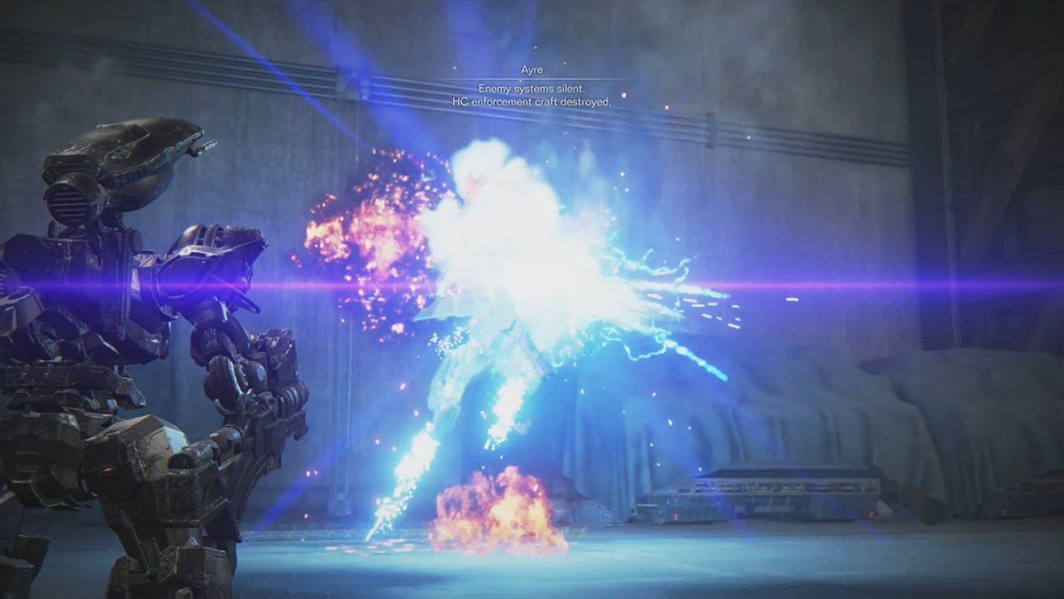 A mech explodes into a blue fireball in Armored Core 6.