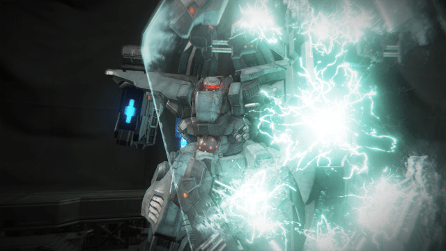 A mech wields a giant energy shield in Armored Core 6.