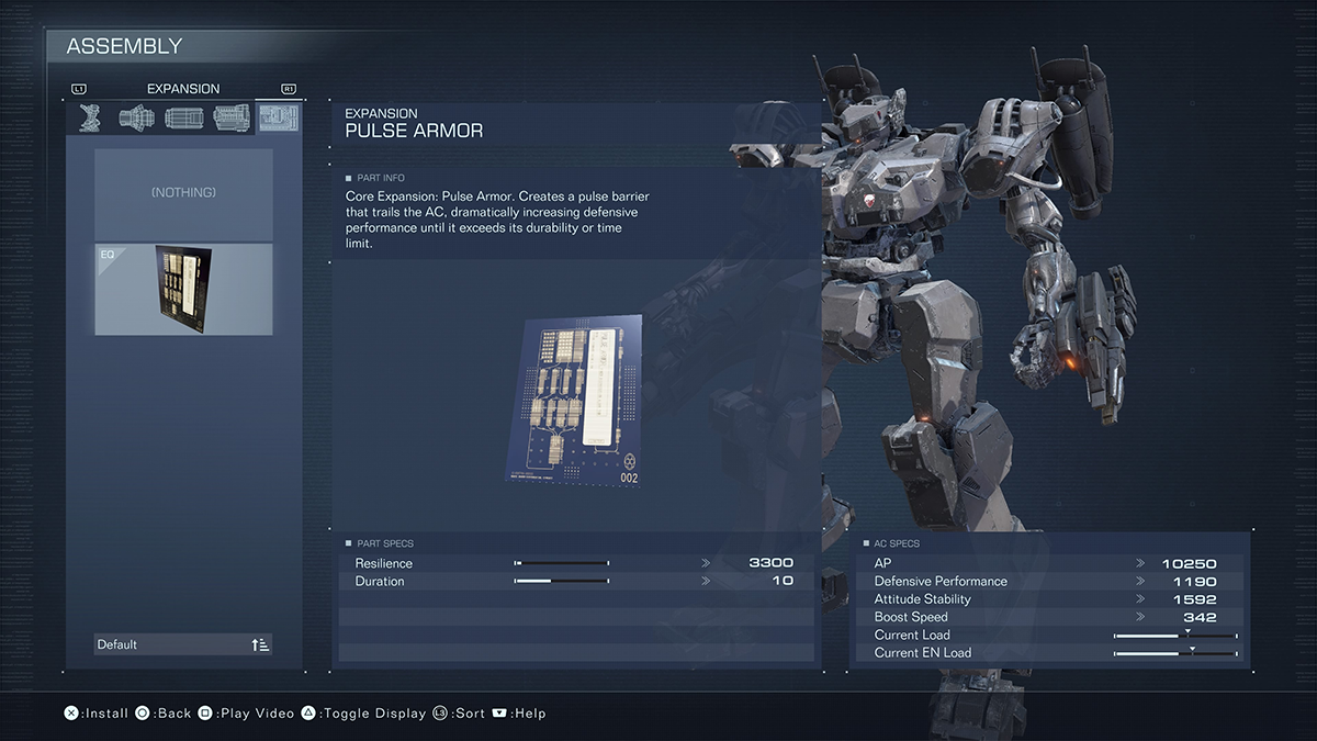 A menu screen for the Pulse Armor from Armored Core 6.