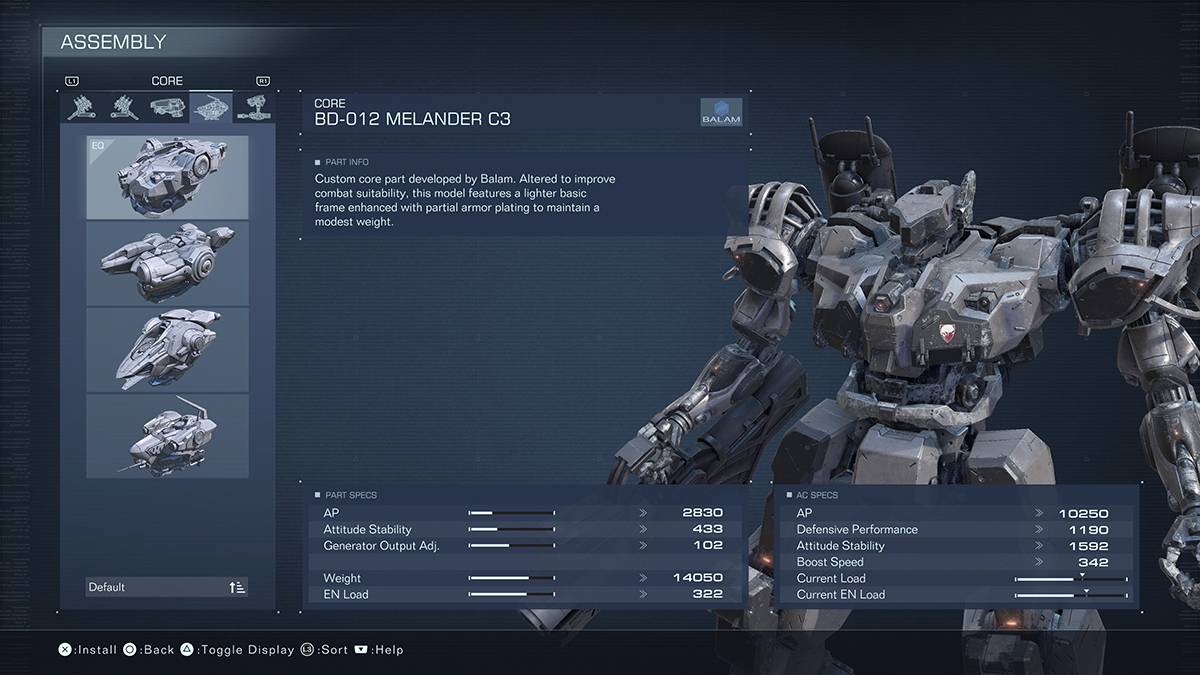 A menu screen for the BD-012 Melander C3 from Armored Core 6.