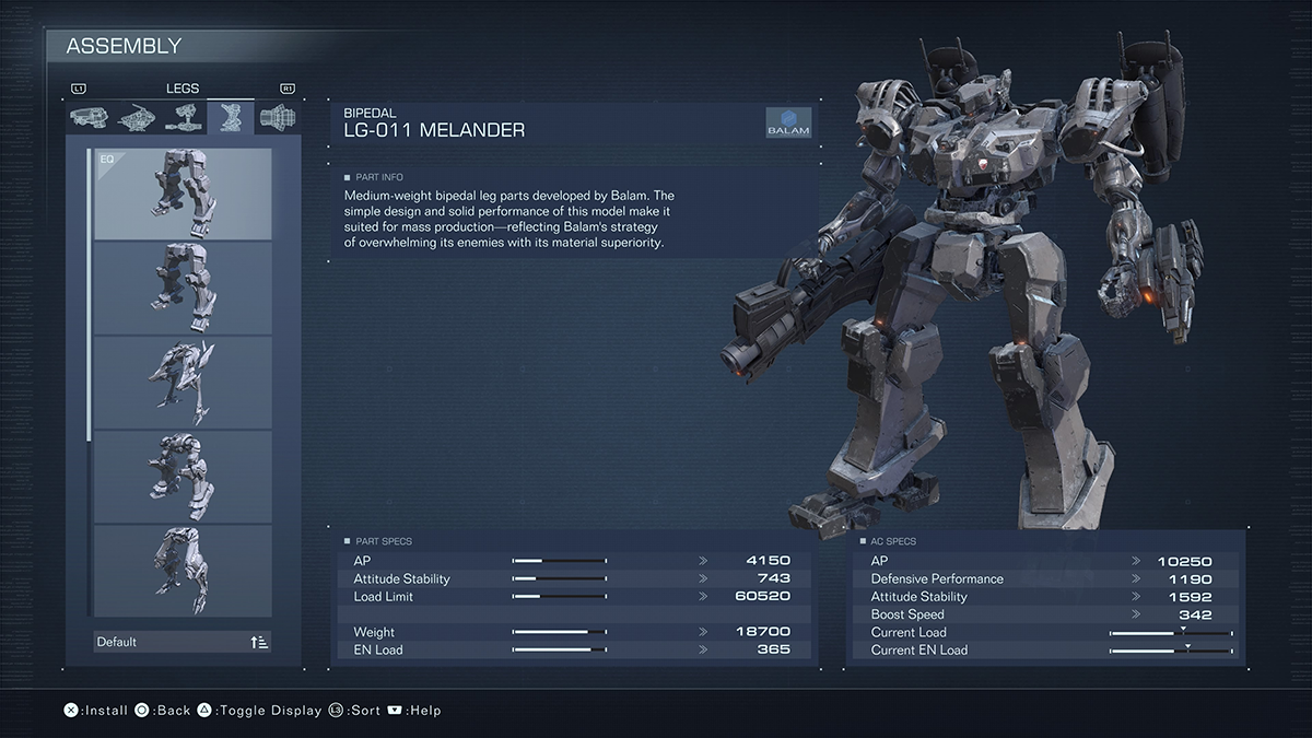 A menu screen for the LG-011 Melander from Armored Core 6.