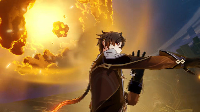 Zhongli using his elemental burst to call a meteor down from the sky.