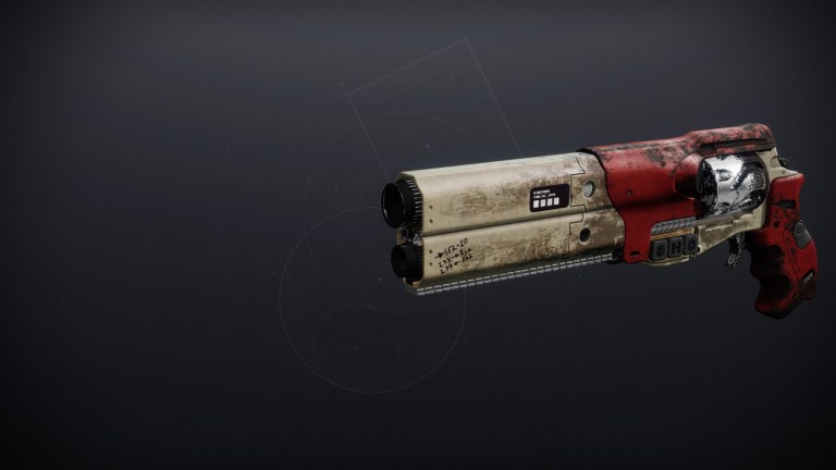 The Warden's Law hand cannon, with its two vertical barrels and red-and-gray scheme.