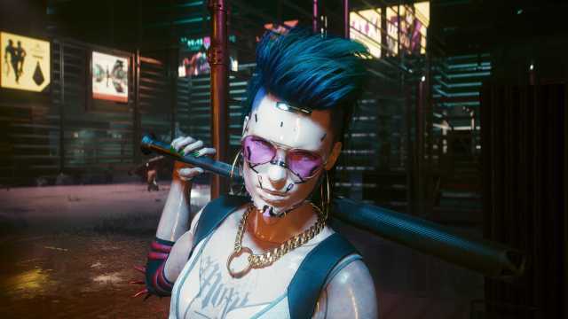 one of the mox from cyberpunk 2077 wields a baseball bat over her shoulder. her hair is shaved on the sides but with a big backcombed mop on the top