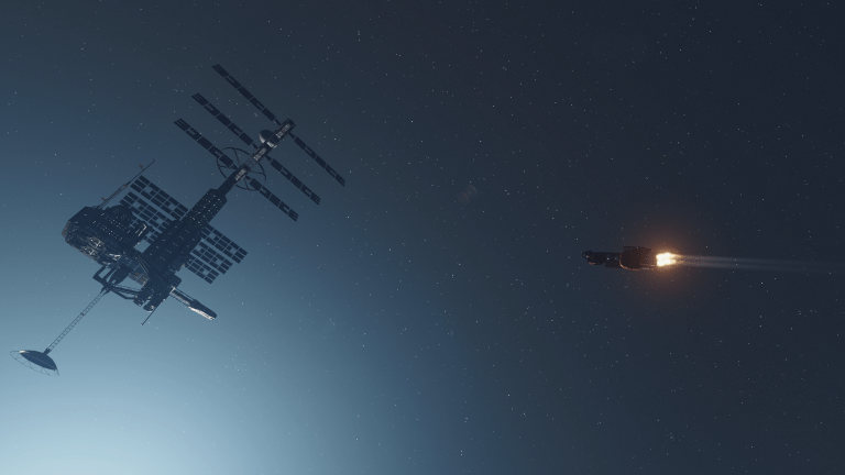 An in game screenshot of a ship approaching The Den space station in Starfield.