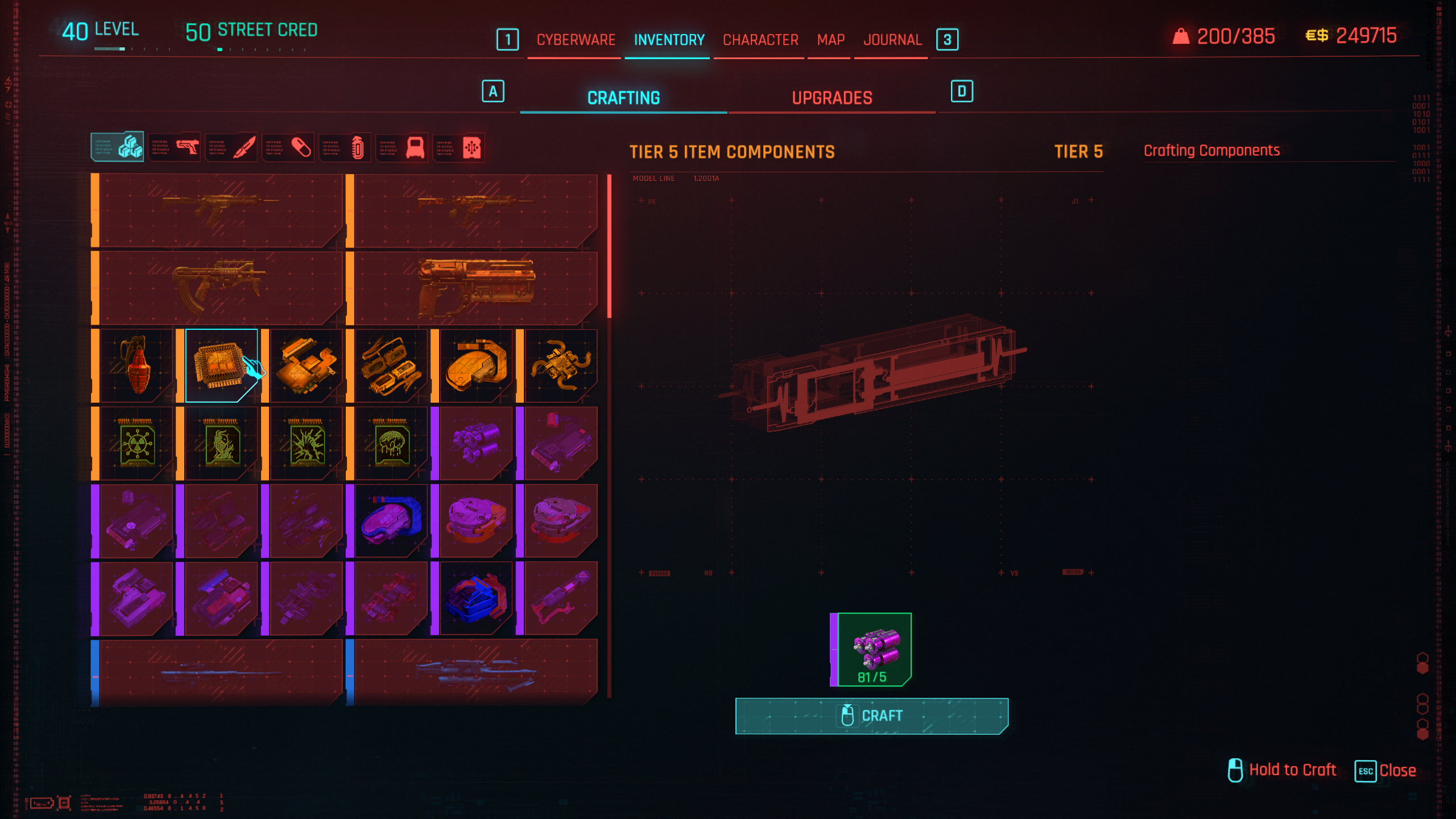 The crafting menu with tier five item components and other recipes in Cyberpunk 2077.