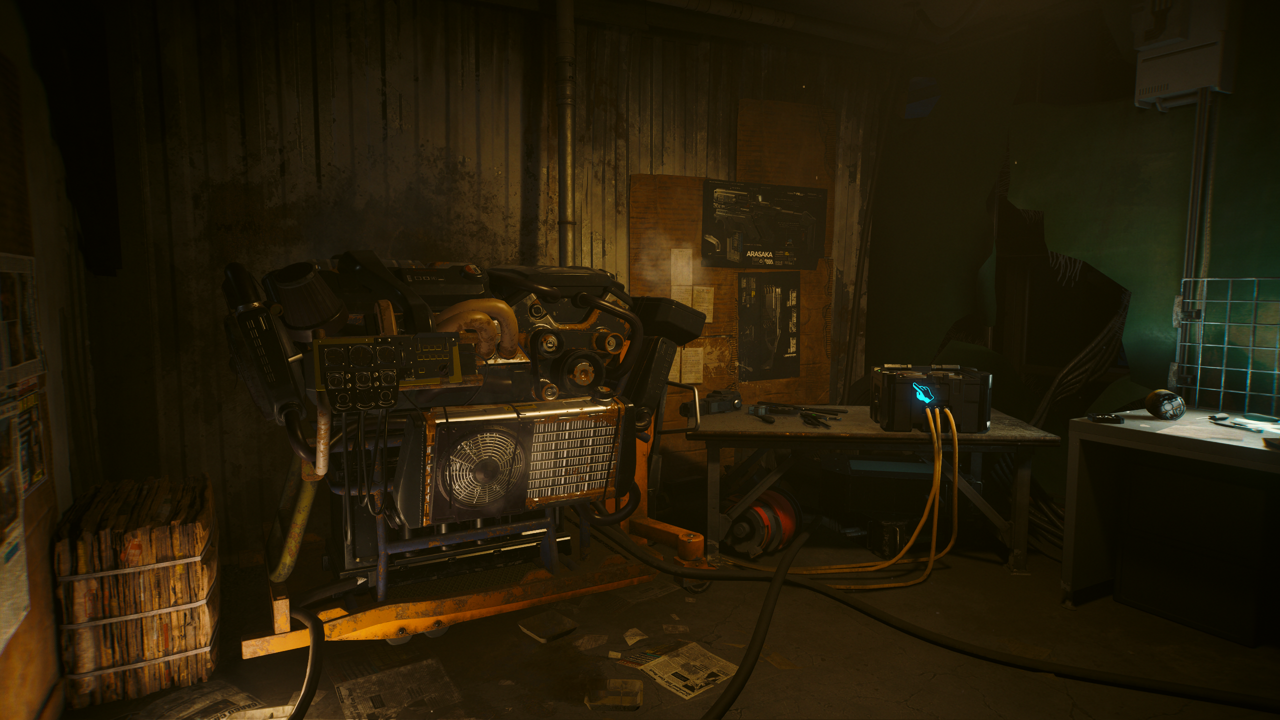 An old generator in a decaying apartment in Cyberpunk 2077.