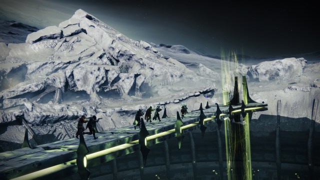 Guardians forming a Hive bridge over the Moon's Hellmouth in the Crota's End raid.
