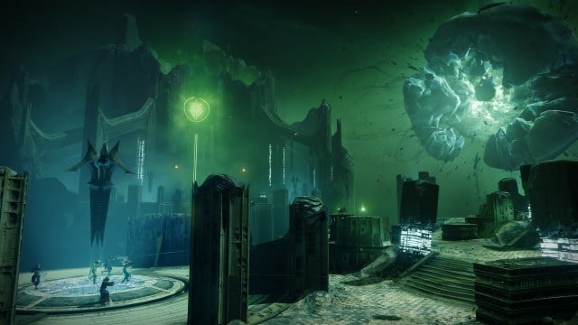 An image showing a Bridge to Crota's throne room, with the Oversoul (a large black-and-green eye) looming on the top right.