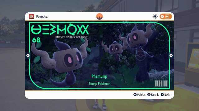 A screenshot of Phantump's Pokedex page in Pokemon Scarlet and Violet The Teal Mask DLC.