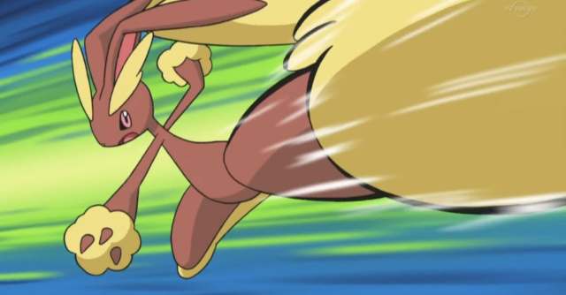 Lopunny mid-air performing High Jump Kick. 