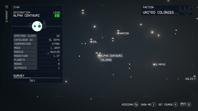 A screenshot of the Alpha Centauri system as it appears in the Starfield starmap