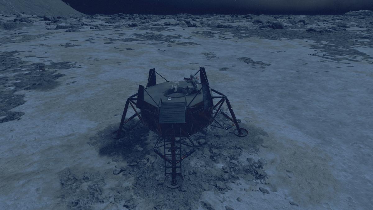 The Apollo Moon Landing craft shown on the surface of the Moon in Starfield.