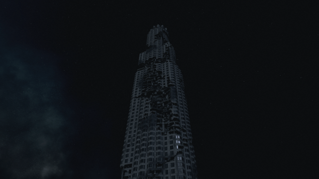 The US Bank Tower shown beneath the night sky in Starfield.