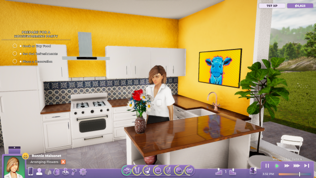 Life by You character looks at finished flower arrangement.