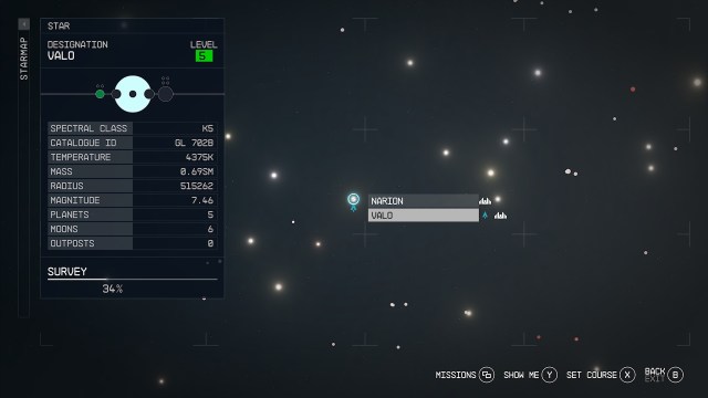 Screenshot of the Valo system as it appears in the Starfield starmap