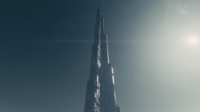 The Burj Khalifa at the Dubai Landmark in Starfield beneath the scorching sun.