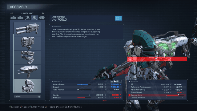 displays the description for the laser drone shoulder item in Armored Core 6.