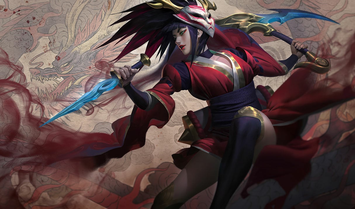 Akali wields blue daggers and wears a red robe with a mask on the side of her head.