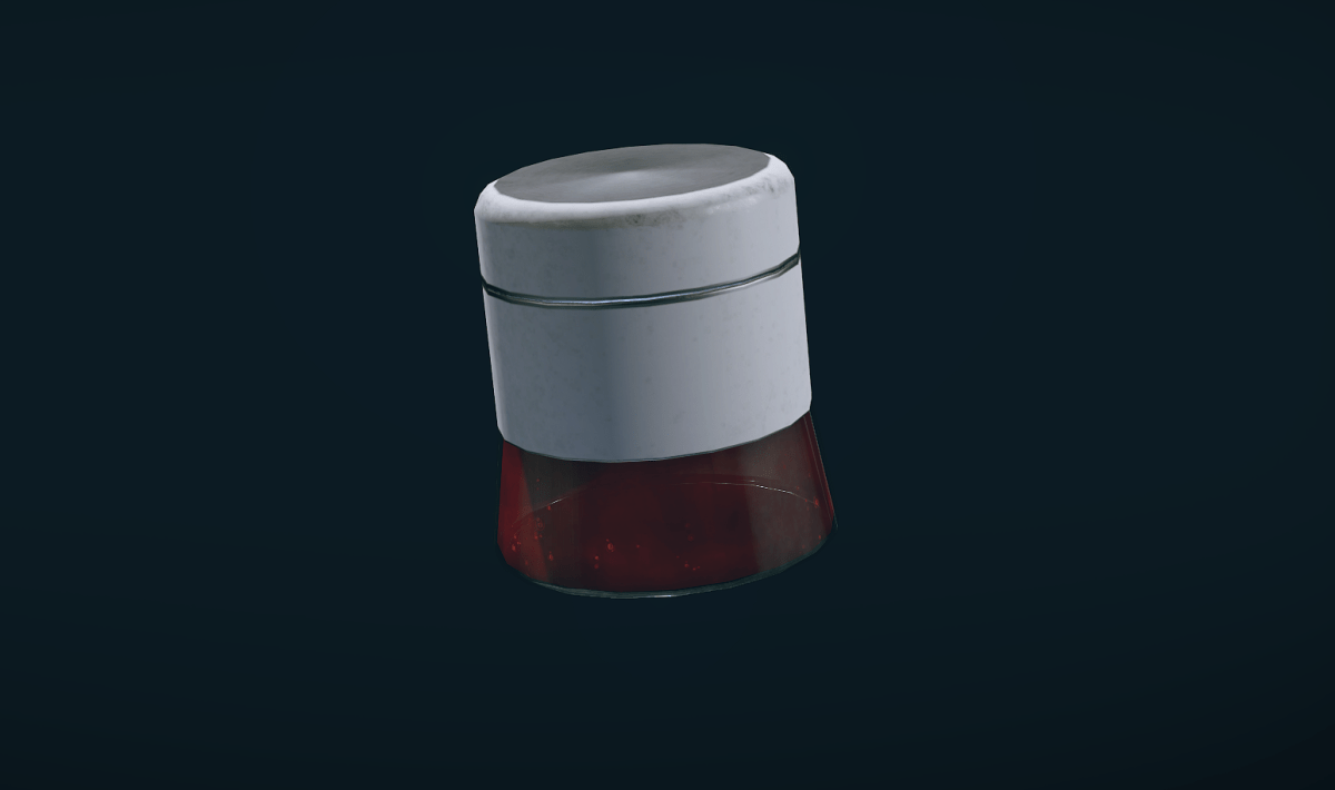 A screenshot of Antimicrobial in Starfield. This item is a short canister that is transparent at the bottom and grey and metallic silver at the top. Inside the transparent section is a red liquid.