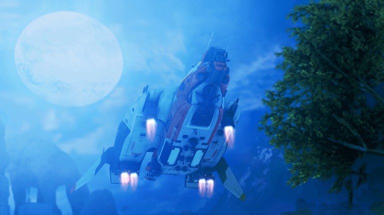 An Apex revival dropship prepares to land at night time.