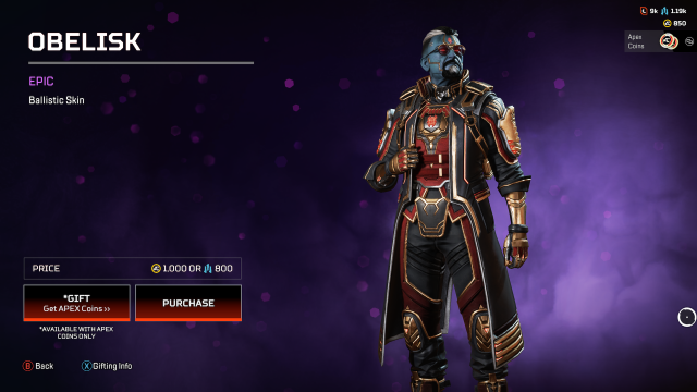 The Obelisk Ballistic skin, a red and black skin that gives Ballistic blue skin and beneath his trademark red glasses.