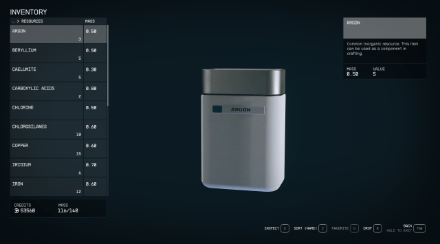 A menu screen from Starfield showing a white container labelled argon.