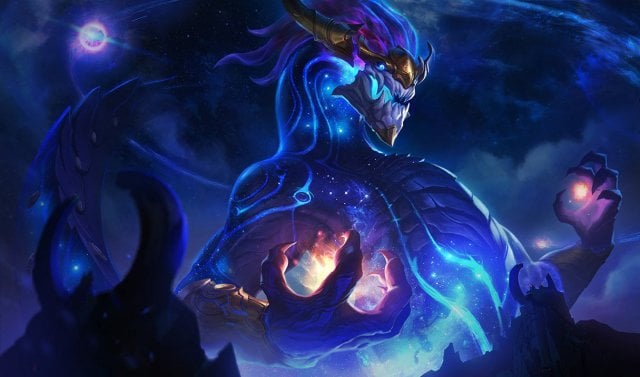 The splash art for Aurelion Sol, a giant celestial dragon that controls stars.