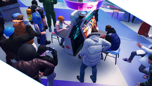 Players gathering around an arcade cabinet in Street Fighter 6's Battle Hub.