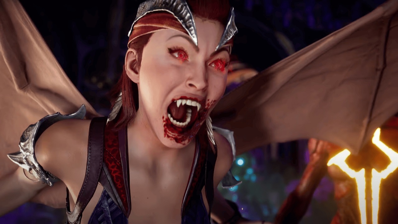 Nitara is screaming at her opponent. Her eyes are glowing red and there is blood on her mouth. 