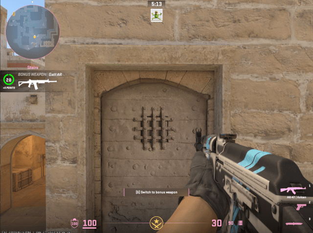 Couch FOV in CS2 ak47 staring at a wall on mirage with the gun further in the center of the screen.