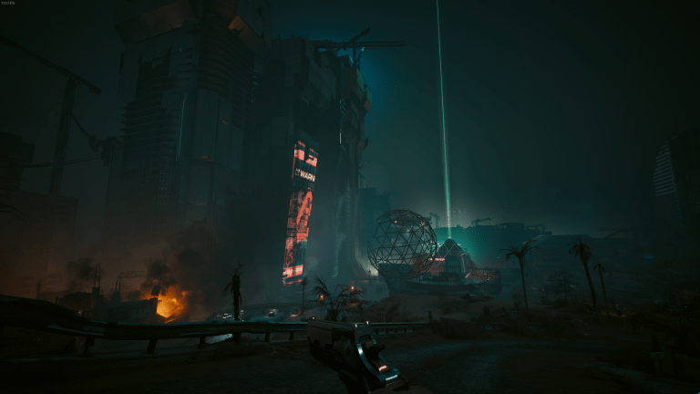 An image of Dogtown at night in Cyberpunk 2077